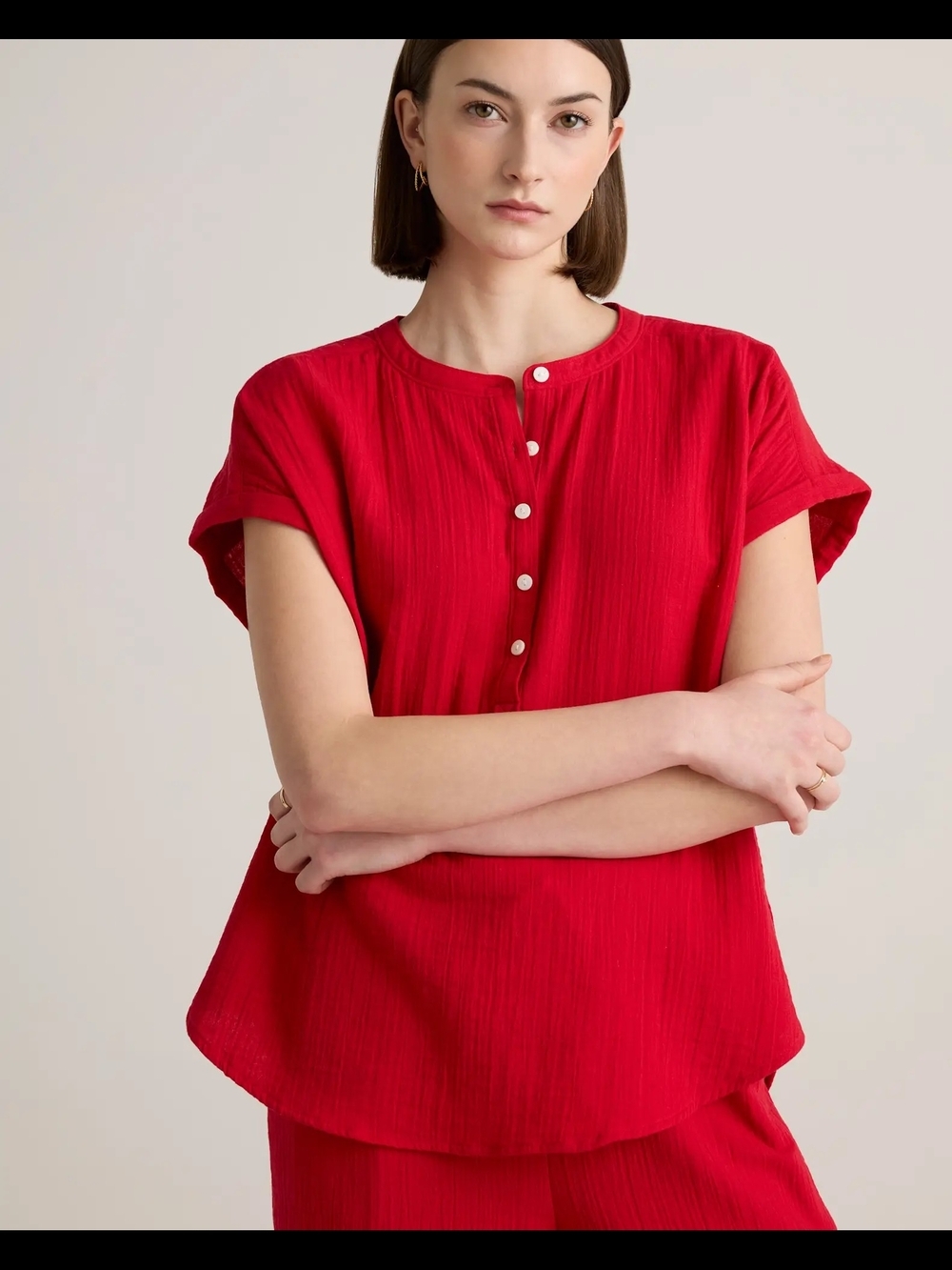 Quince Relaxed Button-Front Short Sleeve Top in Red/ Pink S